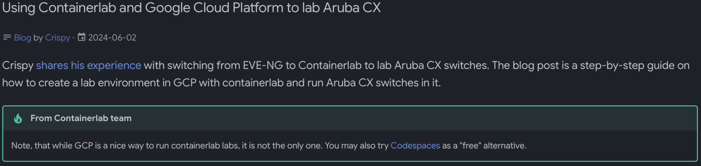 Aruba CX lab with Containerlab and GitHub Codespaces – CrispyFi Blog